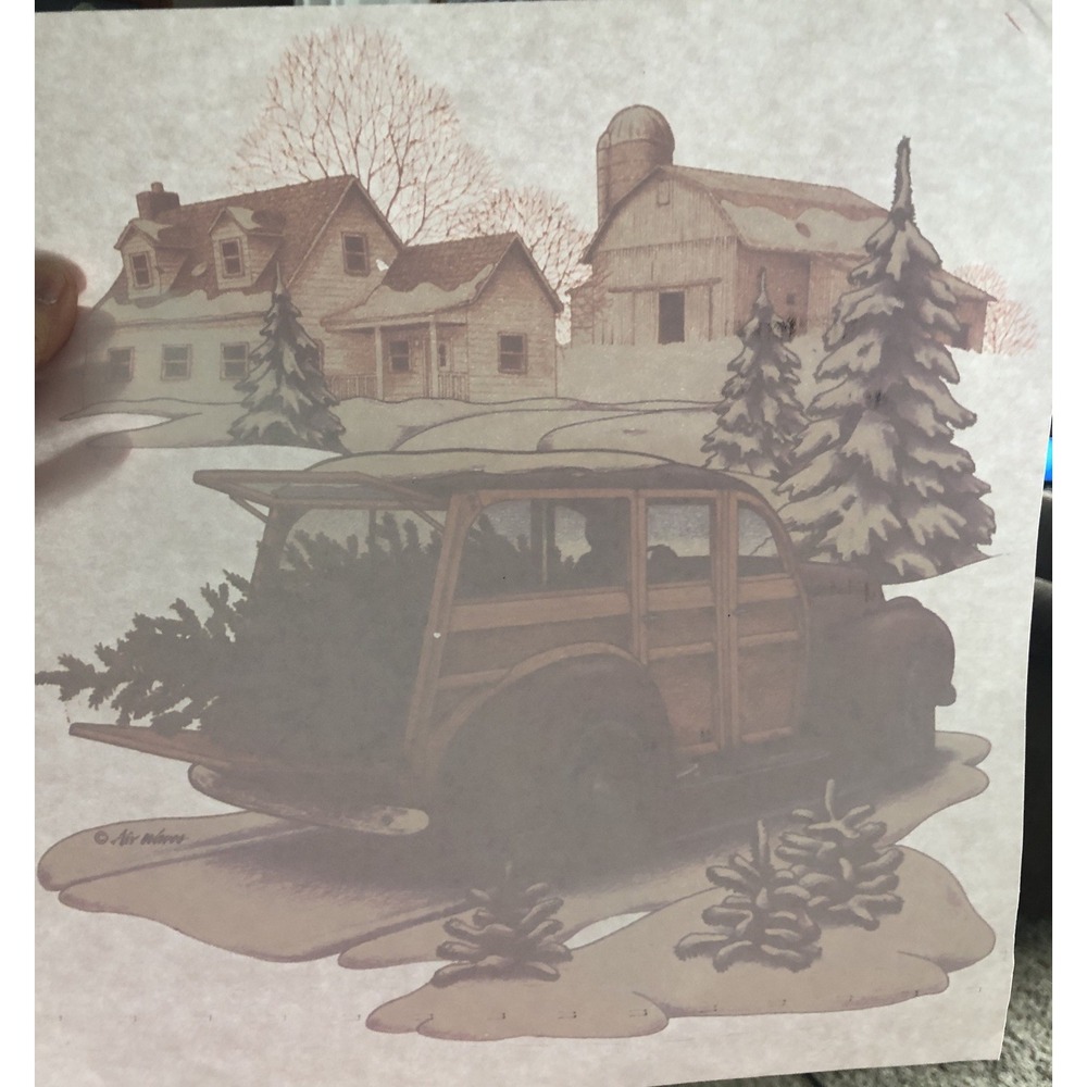 VINTAGE "Winter Scene Woody W/Christmas Tree" Heat Transfer Iron On 12x12